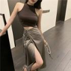Cropped Halter Top / Tie High-waist Slited Midi Skirt