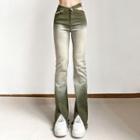 High Waist Gradient Slit-hem Bootcut Jeans