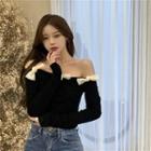 Long-sleeve Bow Plain Off-shoulder T-shirt Black - One Size