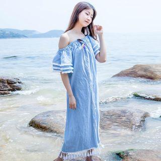 Off-shoulder Tassel Hem Short-sleeve Midi A-line Dress
