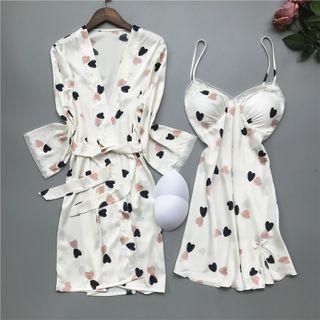 Loungewear Set : Heart Print Suspender Sleep Dress + Robe
