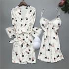 Loungewear Set : Heart Print Suspender Sleep Dress + Robe