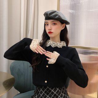 Mock Two-piece Long-sleeve Lace Trim Button-up Knit Top