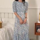 Short-sleeve Floral Midi Mermaid Dress Blue - One Size