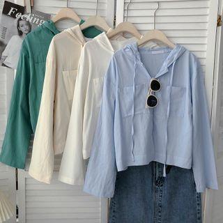 Plain Long-sleeve Drawstring Hooded T-shirt Top
