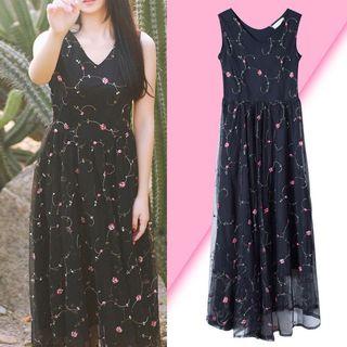 Sleeveless Embroidered Sheer Panel Midi Dress