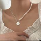 Genuine Pearl Coin Pendant Necklace Silver - One Size