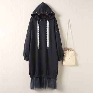 Faux Pearl Mesh Panel Hoodie Dress