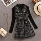 Set: Plain Knit Top + Tweed Pinafore Dress