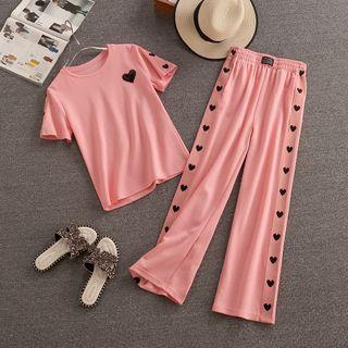 Set: Short-sleeve Heart Embroidered T-shirt + Wide Leg Pants