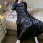 Short-sleeve Dotted Tiered Midi Smock Dress Black - One Size