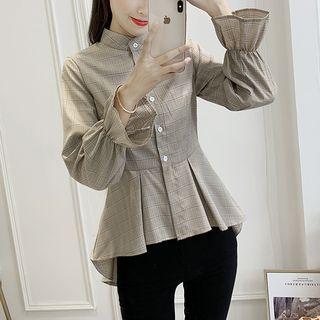 Flared-cuff Plaid Peplum Blouse