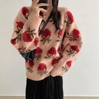 Round-neck Floral Oversize Sweater / High-waist Plain Velvet A-line Skirt
