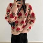 Round-neck Floral Oversize Sweater / High-waist Plain Velvet A-line Skirt