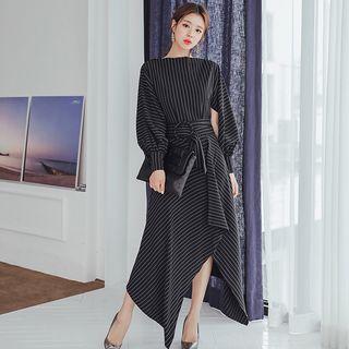 Puff-sleeve Pinstriped Asymmetrical Midi A-line Dress