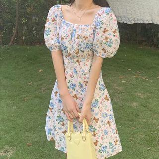 Floral Print Puff-sleeve Slim-fit Dress