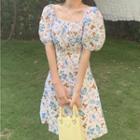 Floral Print Puff-sleeve Slim-fit Dress