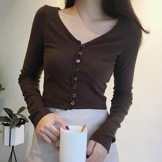 Plain V-neck Buttoned Long Sleeve T-shirt