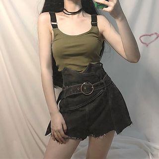 Color Panel Tank Top / High Waist Denim Shorts