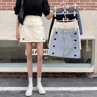 Heart Embroidered Denim Mini A-line Skirt