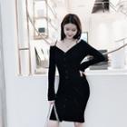 Long-sleeve Cold-shoulder Bodycon Knit Dress