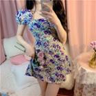 Puff-sleeve Square-neck Floral Print Mini A-line Dress