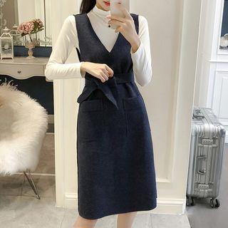 Set: Long-sleeve Mock Neck Top + Jumper Dress With Sash