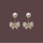Faux Pearl Bow Rhinestone Sterling Silver Dangle Earring 1 Pair - 925 Silver Needle - Gold - One Size