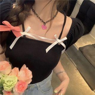 Puff-sleeve Square-neck T-shirt Black - One Size