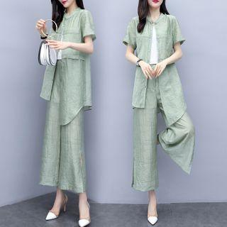 Set: Short-sleeve Shirt + Spaghetti Strap Top + Wide-leg Pants