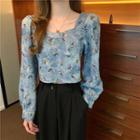 Long-sleeve Square-neck Floral Cropped Top Shirt - One Size