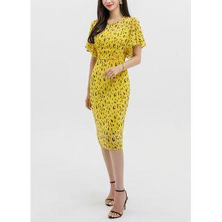 Bell-sleeve Pattern Midi Chiffon Dress