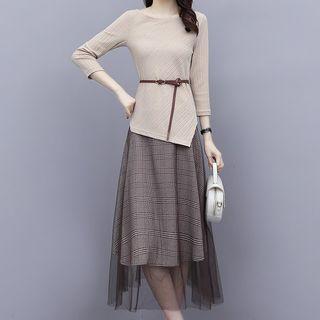 Set: 3/4-sleeve Asymmetrical T-shirt + Plaid Mesh Midi A-line Skirt