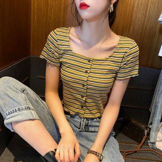 Button-down Striped Crop T-shirt