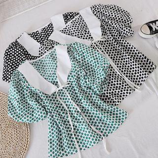 V-neck Short-sleeve Dots Lace-up Strap Top