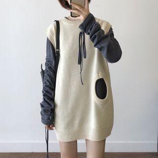 Drawstring Long-sleeve T-shirt / Cut-out Knit Vest