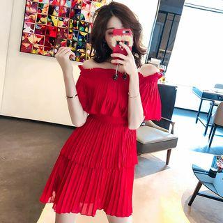 Elbow-sleeve Off Shoulder Pleated Mini Dress