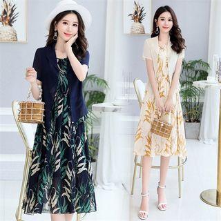Set: Sleeveless Leaf Print A-line Midi Dress + Light Jacket