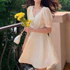Puff-sleeve V-neck Mini A-line Dress Light Yellow - One Size