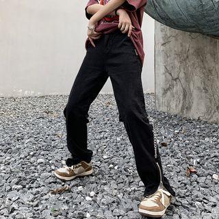 Zip-up Slit-hem Straight Leg Jeans