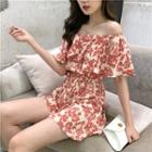 Floral Print Off Shoulder Playsuit Red - One Size