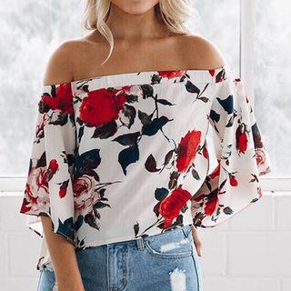 Print Off-shoulder Elbow-sleeve Chiffon Top
