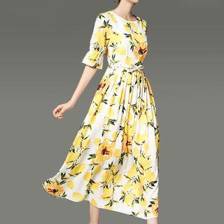 Print Elbow-sleeve A-line Maxi Dress