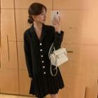 Contrast Stitching Pleated A-line Blazer Dress Black - One Size