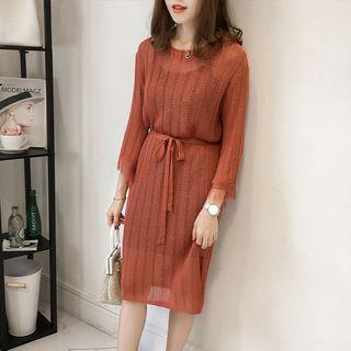Tie-waist 3/4-sleeve Knit Dress