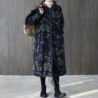 Fleece-lined Floral Print Button-up Hooded Long Jacket