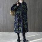 Fleece-lined Floral Print Button-up Hooded Long Jacket
