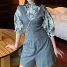 3/4-sleeve Printed Shirt / Sleeveless Striped Wide-leg Playsuit