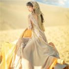 Long-sleeve Open-back Lace Maxi A-line Dress
