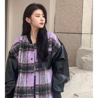 Faux Leather Panel Plaid Jacket